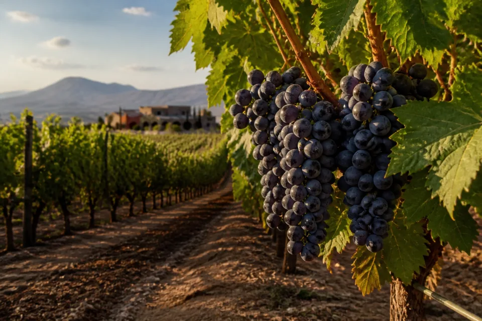 Racimos de uvas en un viñedo queretano al atardecer